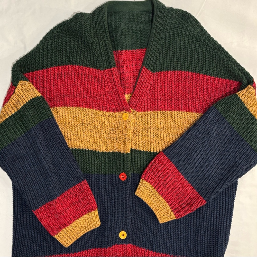 Lazy Oaf Red, Blue, Green, & Yellow Striped Cotton Cardigan